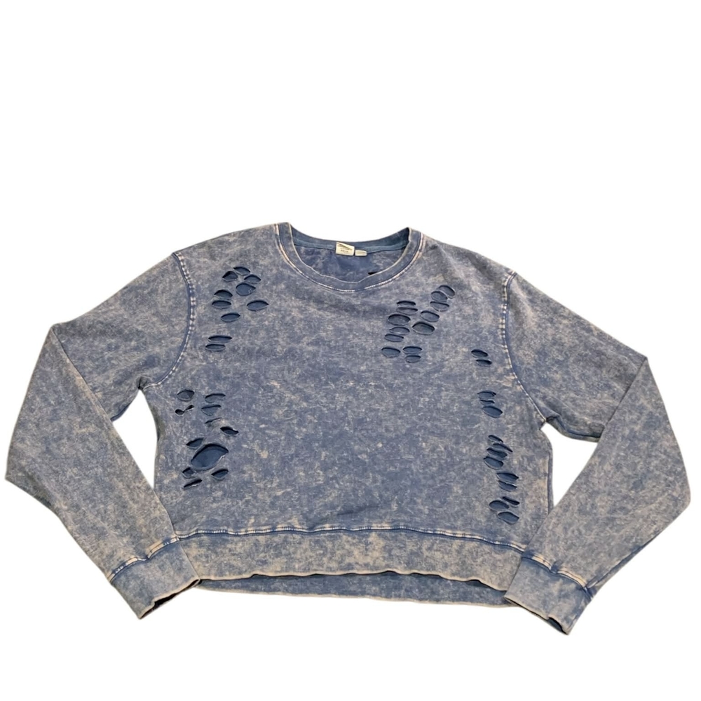 Distressed Destroyed‎ Cropped Pullover Acid Wash Blue Sweatshirt S Streetwear